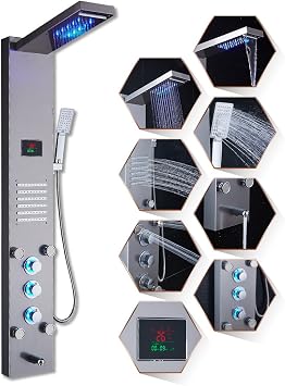 ELLO&amp;ALLO LED Rainfall Waterfall Shower Head Rain Massage System with Body Jets, Stainless Steel ...