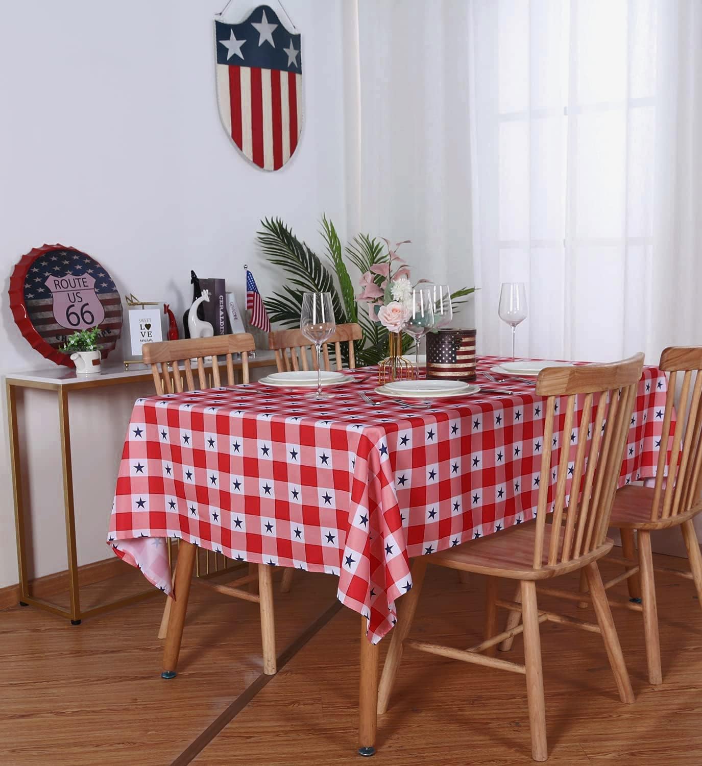 LUSHVIDA American Checkered Rectangle Table Cloth, Polyester Stars Patriotic Plaid Tablecloth, Table Cover Protector for July 4th Independence Day Party Supply Decor, 60 x 102 Inch Chercked Stars 60x102 inch
