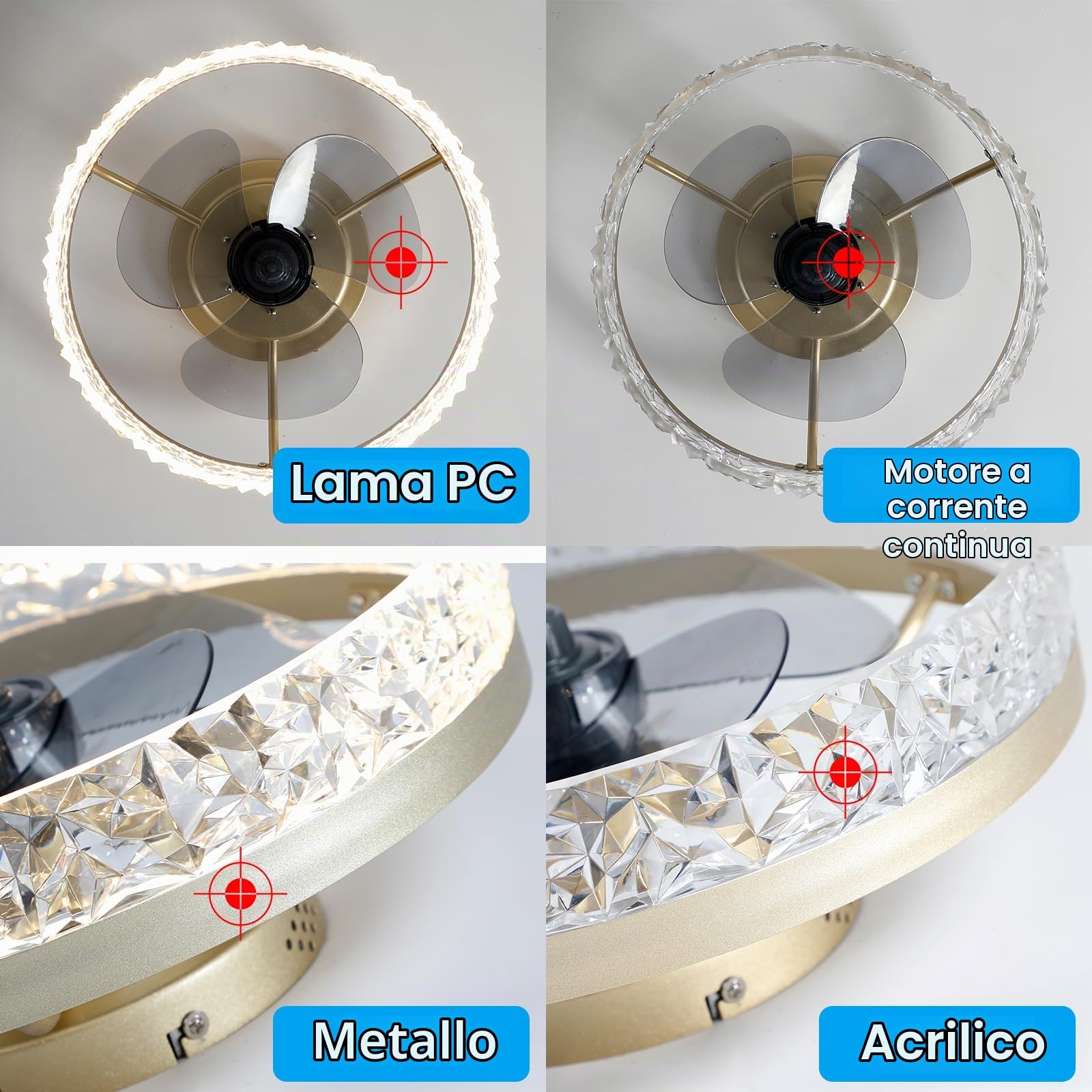 Ventilatori da soffitto con illuminazione Telecomando, Moderno Lampada da soffitto LED Dimmerabile Lampade per Camera da letto Soggiorno, Ventilatore reversibile E 6 Vento (Oro, 50CM)