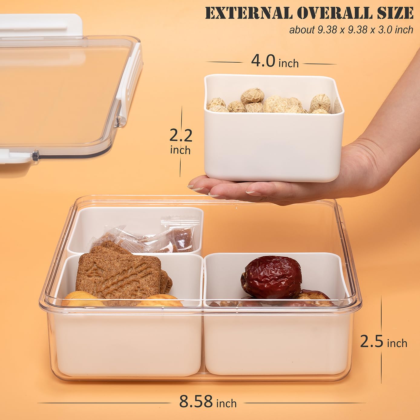 Paquete de 2 bandejas divididas para servir con tapa, 4 compartimentos extraíbles, contenedores de almacenamiento de alimentos de frutas, caja organizadora de plástico para verduras y verduras 3