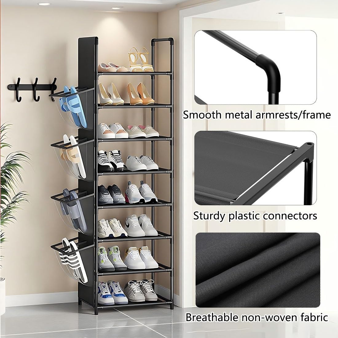 Scarpiera organizer – Mensola autoportante con tasche laterali e copriscarpe usa e getta, facile da montare, design salvaspazio