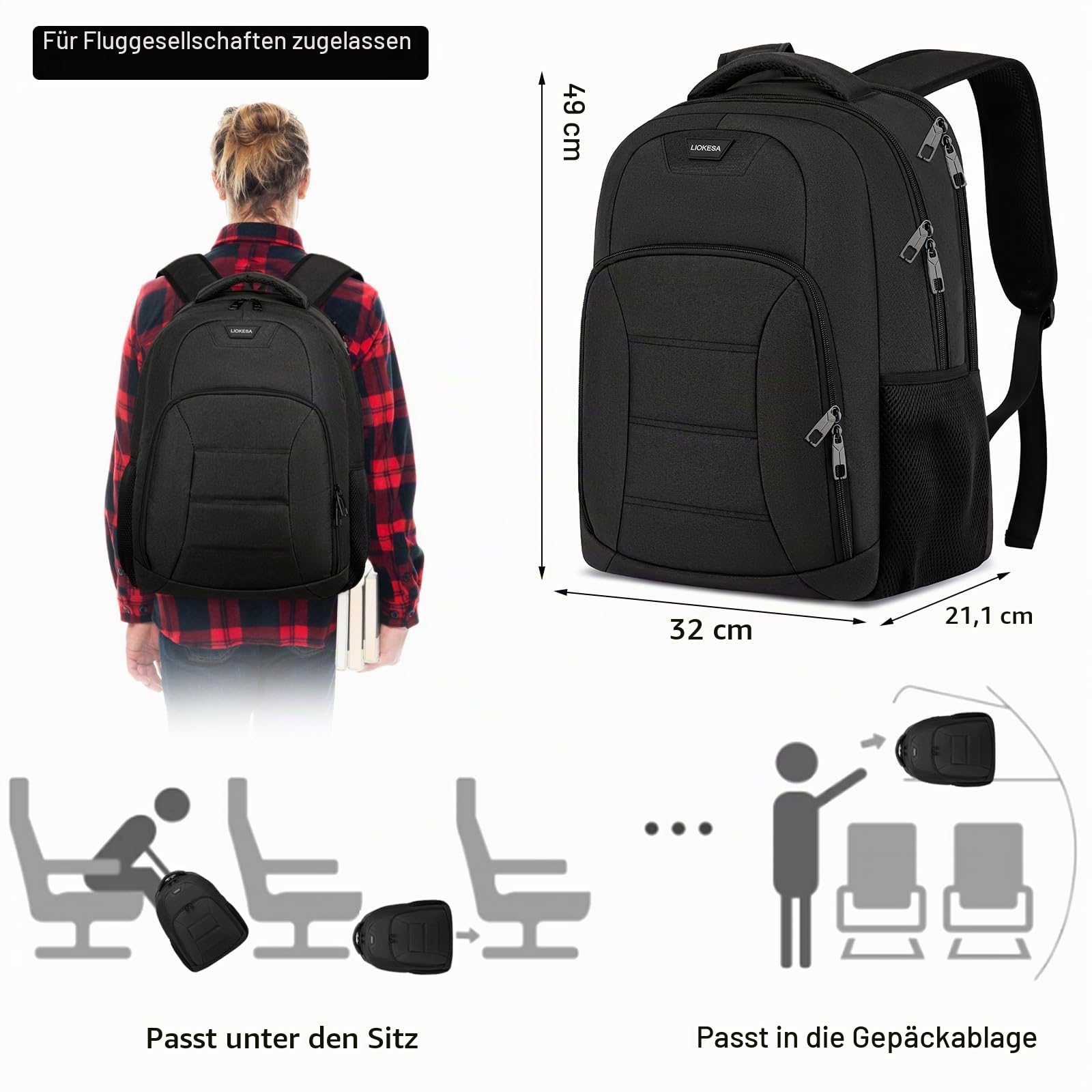 Rucksack Herren,Rucksackschule Laptop Rucksack Schulrucksack Jungen Teenager mit 17.3 Zoll Laptopfach,Wasserdicht Rucksack Arbeit Schultasche für Schule, Wandern Reisen, Business, Schwarz