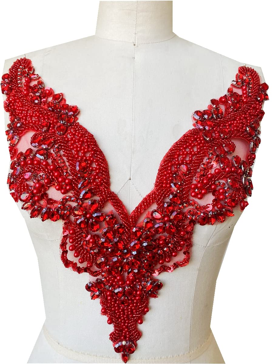 Amazon.com: Handmade rhinestones lace applique sew on beads trim patches  accessories for dress clothing neckline (Red) : Arts, Crafts & Sewing