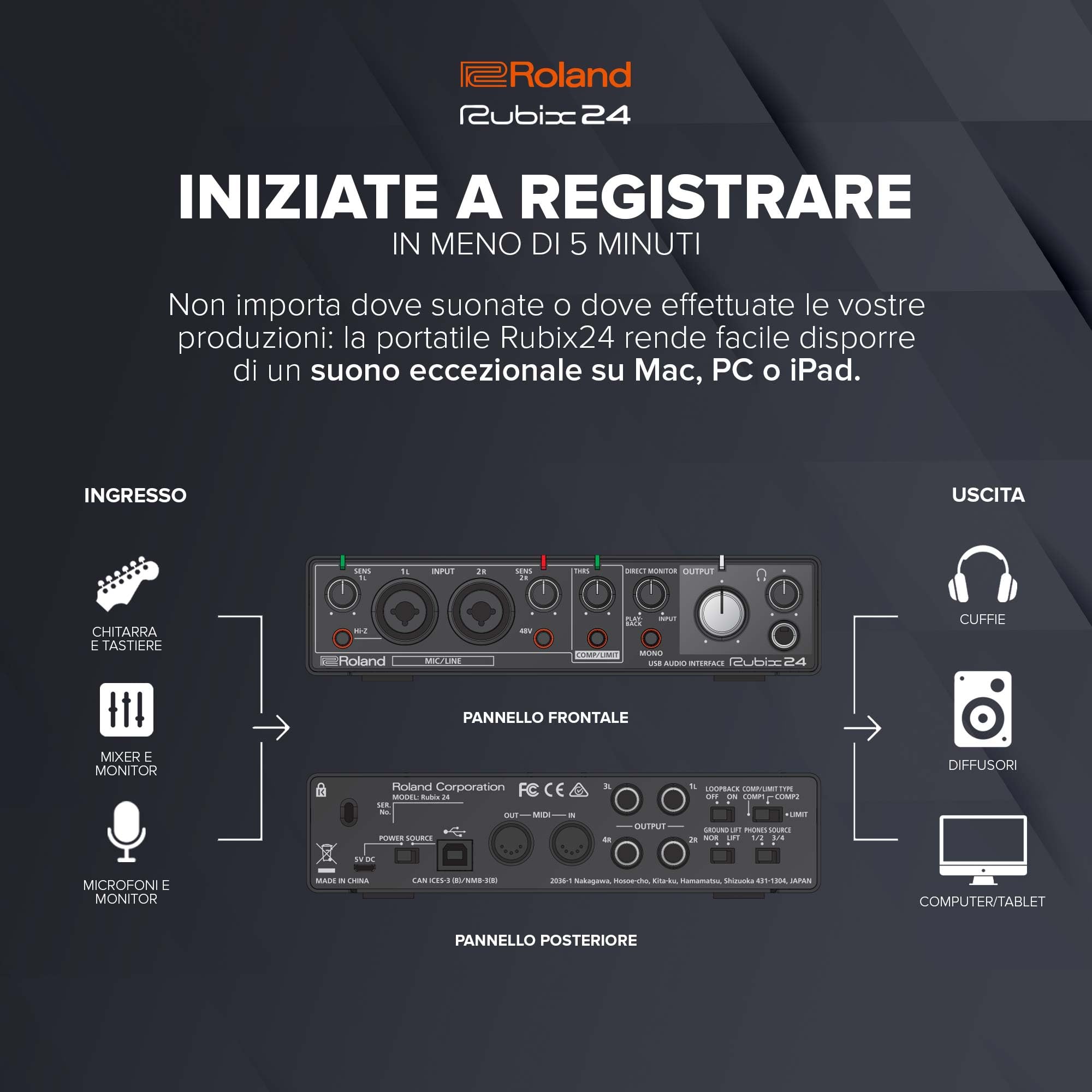 Interfaccia audio USB Roland Rubix24 2-In/4-Out | Audio ad alta risoluzione | Registrate con microfoni, chitarre, tastiere e altro | Costruzione compatta e durevole | Compatibile con Mac, PC & iPad