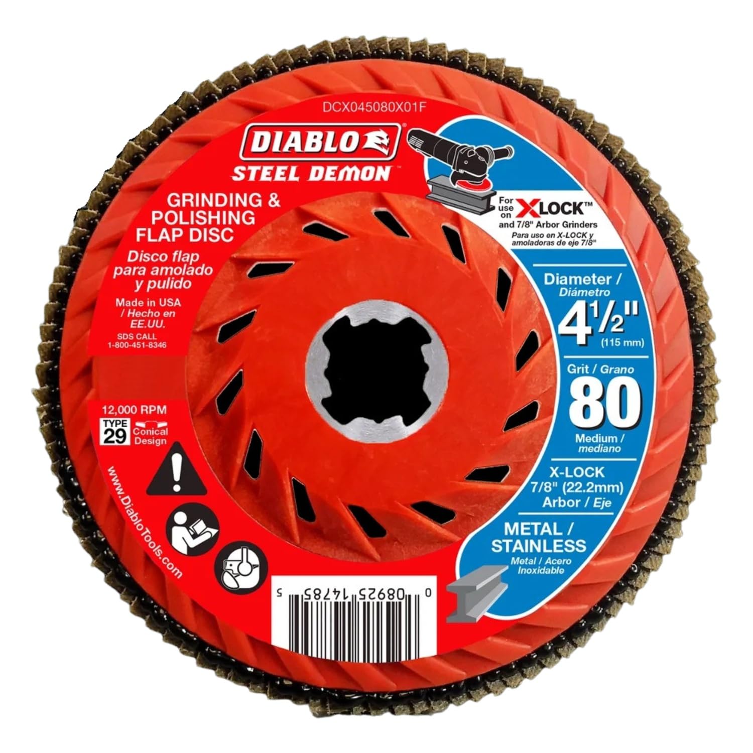 Diablo X-Lock Steel Demon Flap Disc for Grinding and Polishing Metal - 60-Grit Coarse, 4-1/2" Diameter, 7/8" Arbor, 29 Hub Type, 12,000 Max RPM -