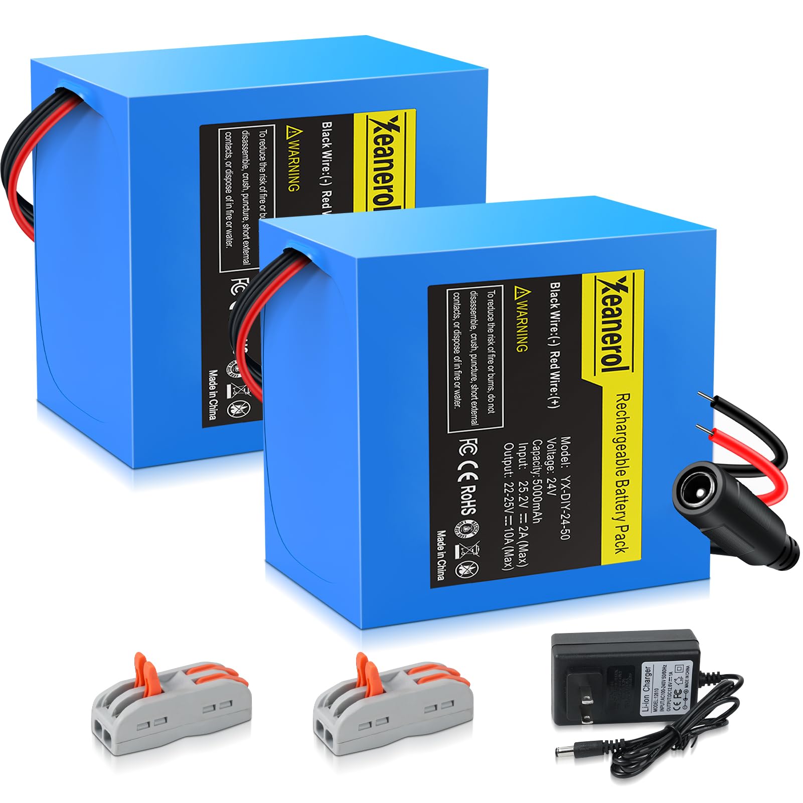 2 Pack 24V 5000mAh Rechargeable Lithium Battery Pack with Charger, Replacement Li-ion Battery Compatible with 24 Volt DIY, RC Car, LED Light Strip, CCTV Camera
