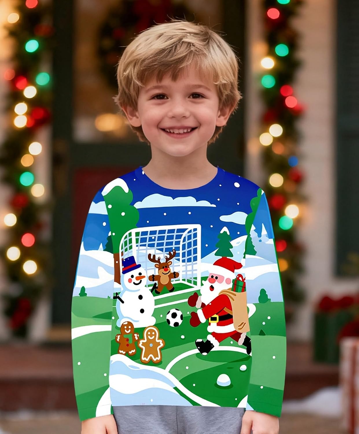 Tkria Boys Girls Christmas Shirts for Kids Graphic Print Tshirts Santa Claus Deer Football Xmas Long Sleeve Top Clothes 3-10T