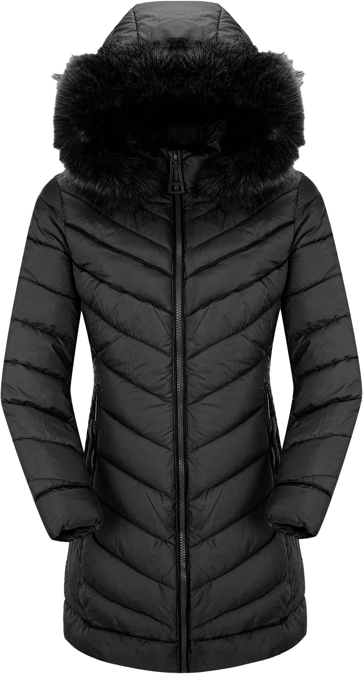 Bellivera Women's Puffer Jacket Faux Leather Bubble Padding Sherpa-Lined Coat with Removable Fur Collar
