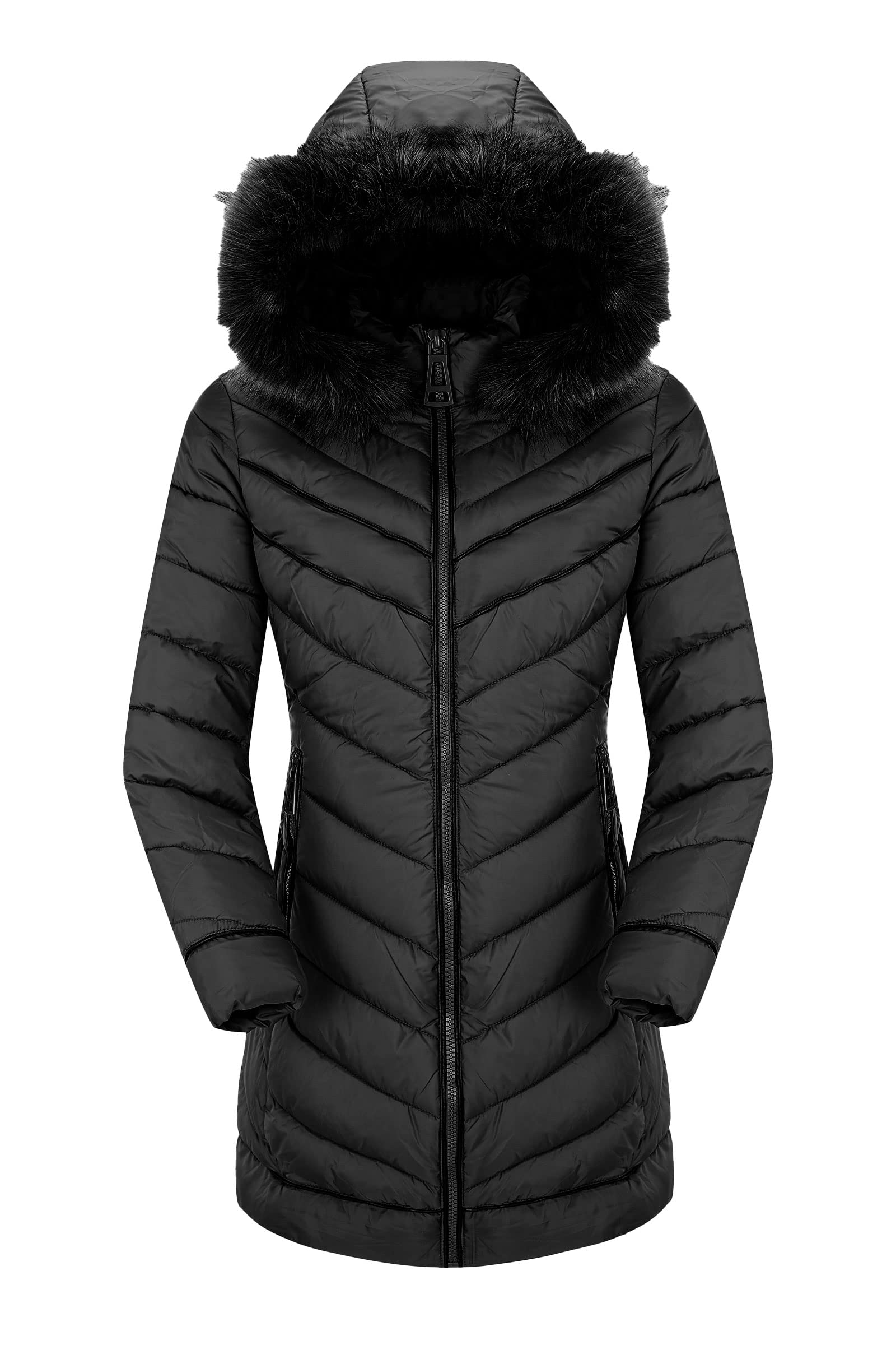 Bellivera Women's Puffer Jacket Faux Leather Bubble Padding Sherpa-Lined Coat with Removable Fur Collar