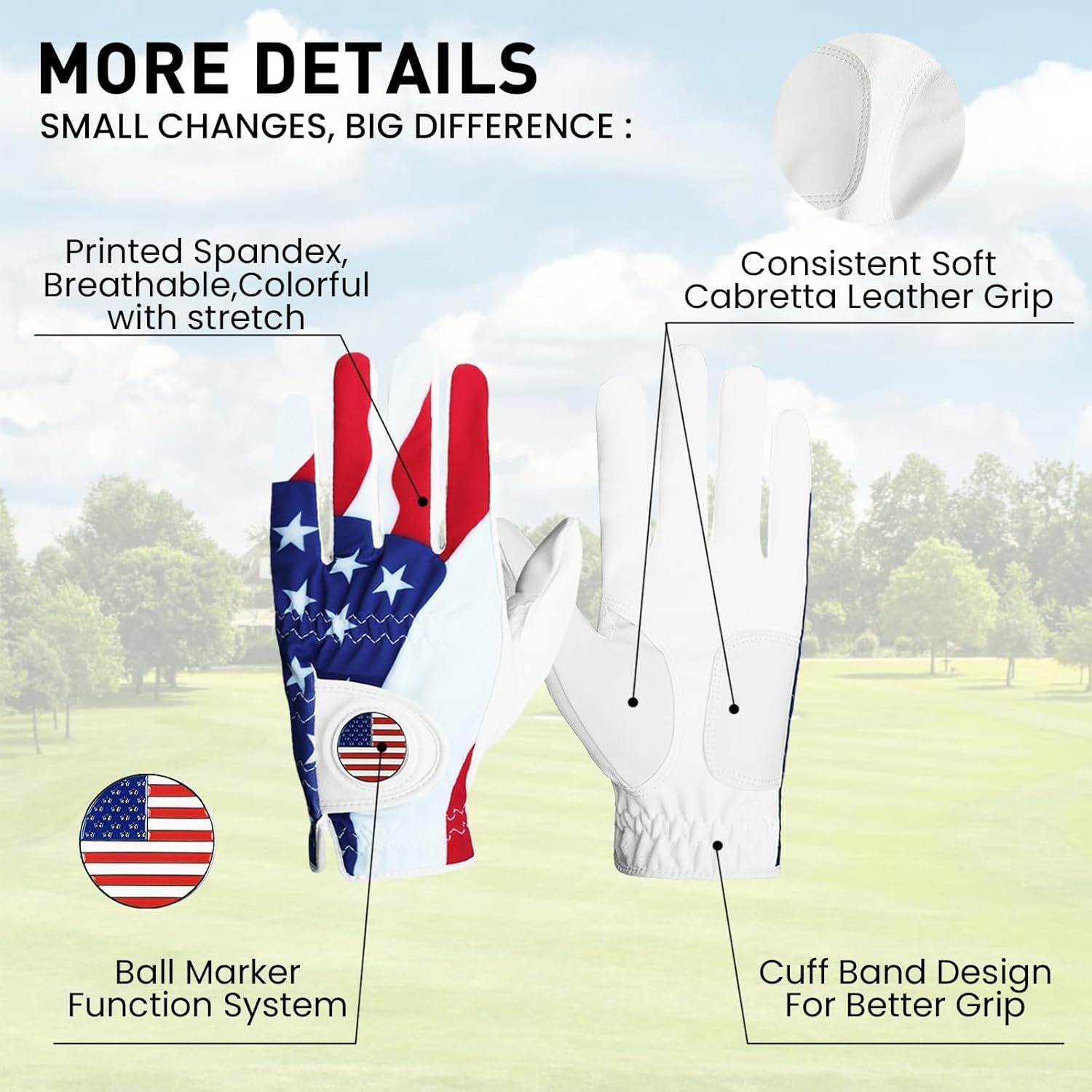 Golf Gloves Men Right Hand Left with Ball Marker USA Flag Blue Camo Plaid 3 Pack, Mens Golf Glove All Weather Grip Small Medium ML Large XL