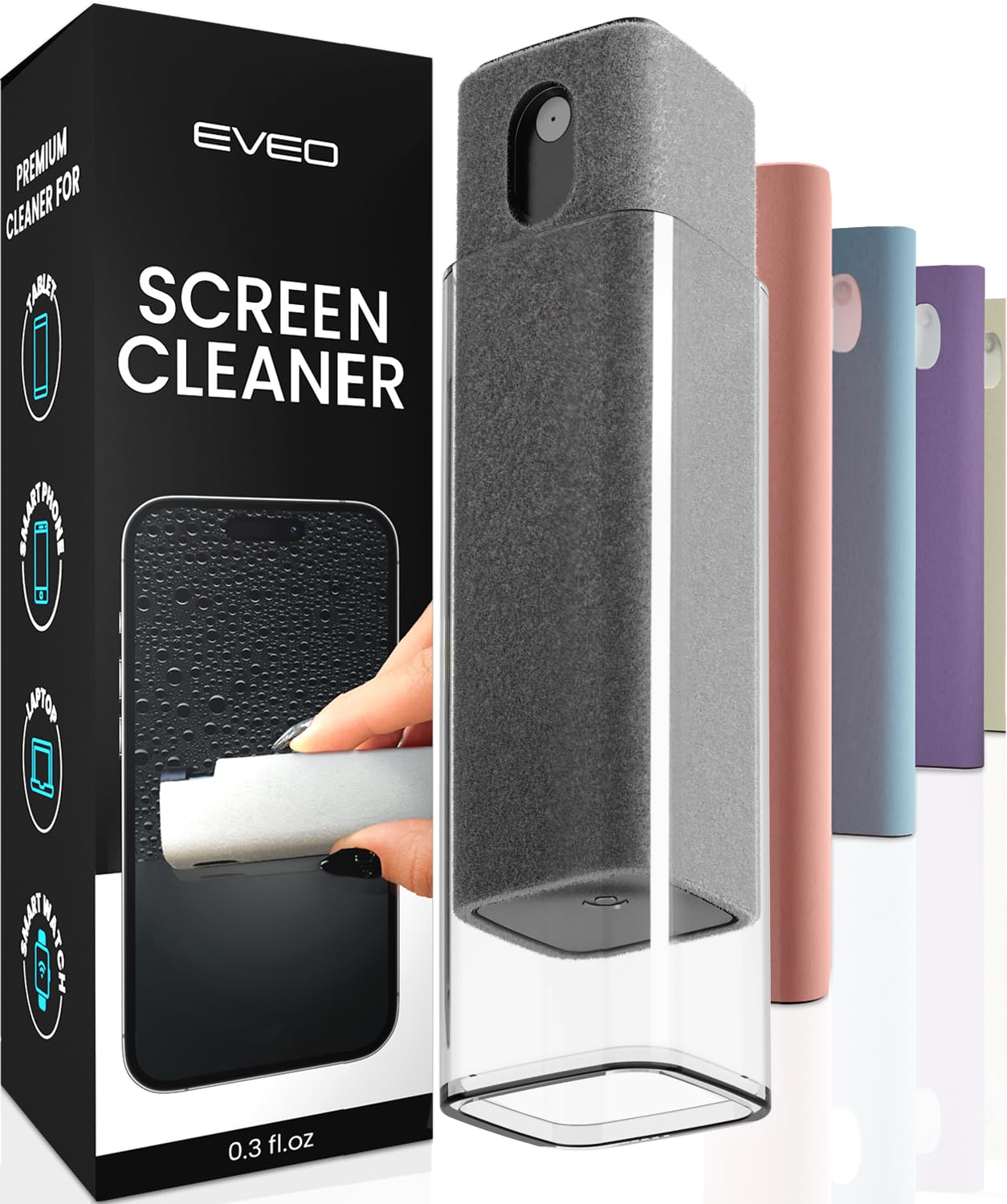 EVEO Screen Cleaner Spray and Wipe - 2-in-1 Car Screen Cleaner & iPhone Cleaner Touchscreen Mist Cleaner for Laptop, Computer, MacBook, iPad and More - Streak-Free Shine - Grey