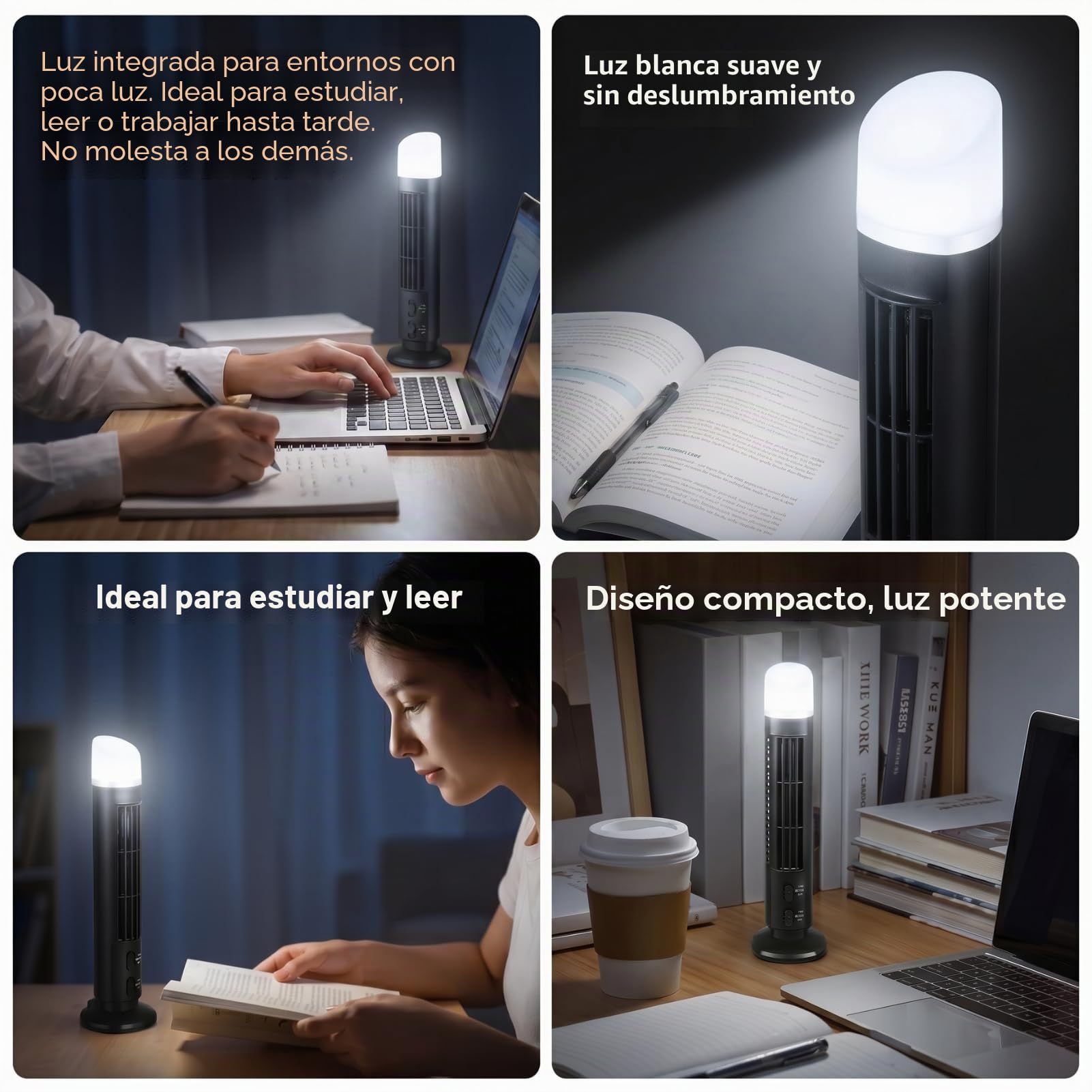 Ausla Ventilador de Torre sin Aspas con Luz LED, Mini Ventilador de Escritorio Silencioso Oscilante USB, Portátil para Hogar Oficina Escuela, 10,5x33 cm