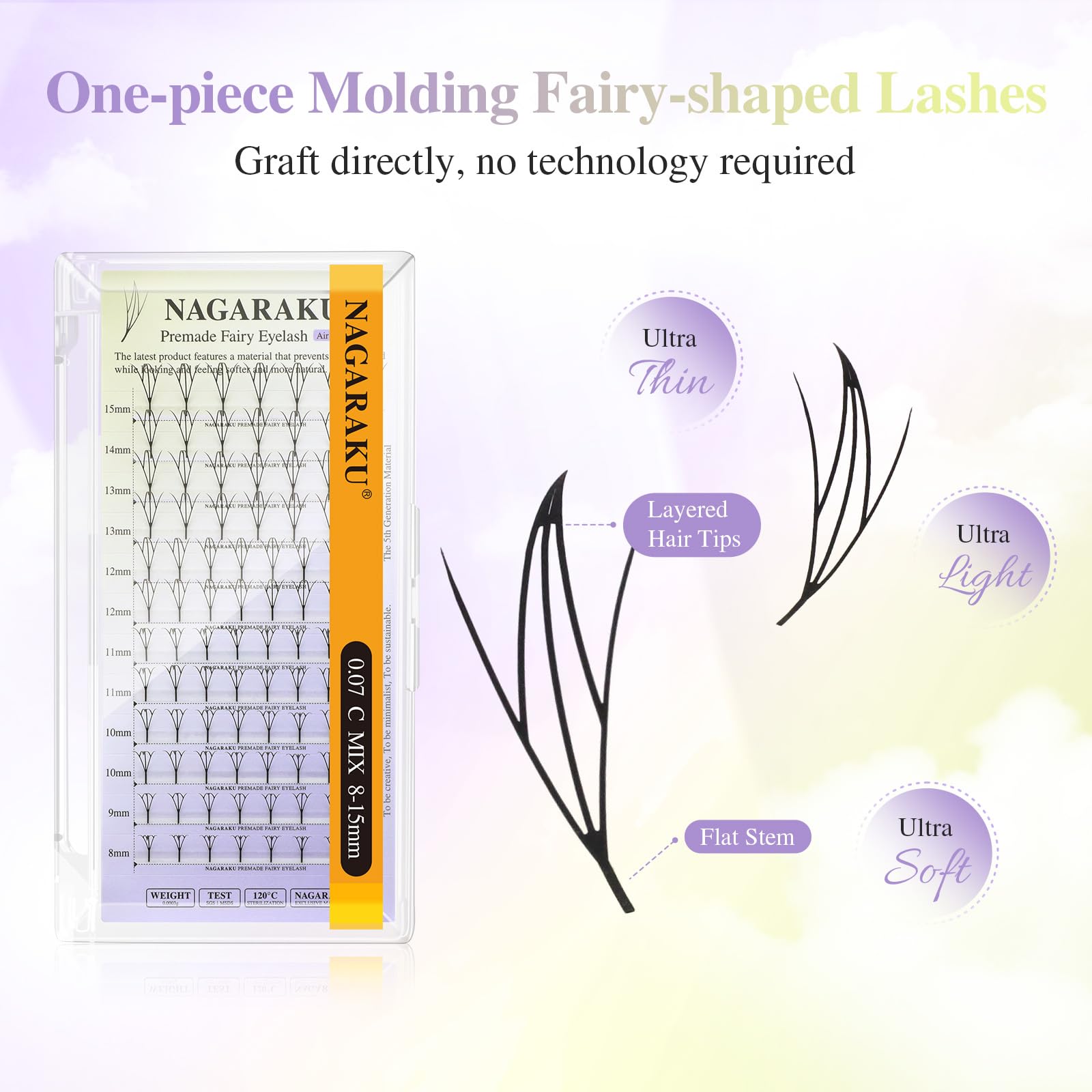 NAGARAKU Fairy Style Eyelashes Extensions Air Series Premade Volume Lashes 0.07mm D Curl 8mm-15mm Mix Length 92 Clusters Wet Set/Anime/Manga Styles Lashes - Image 3