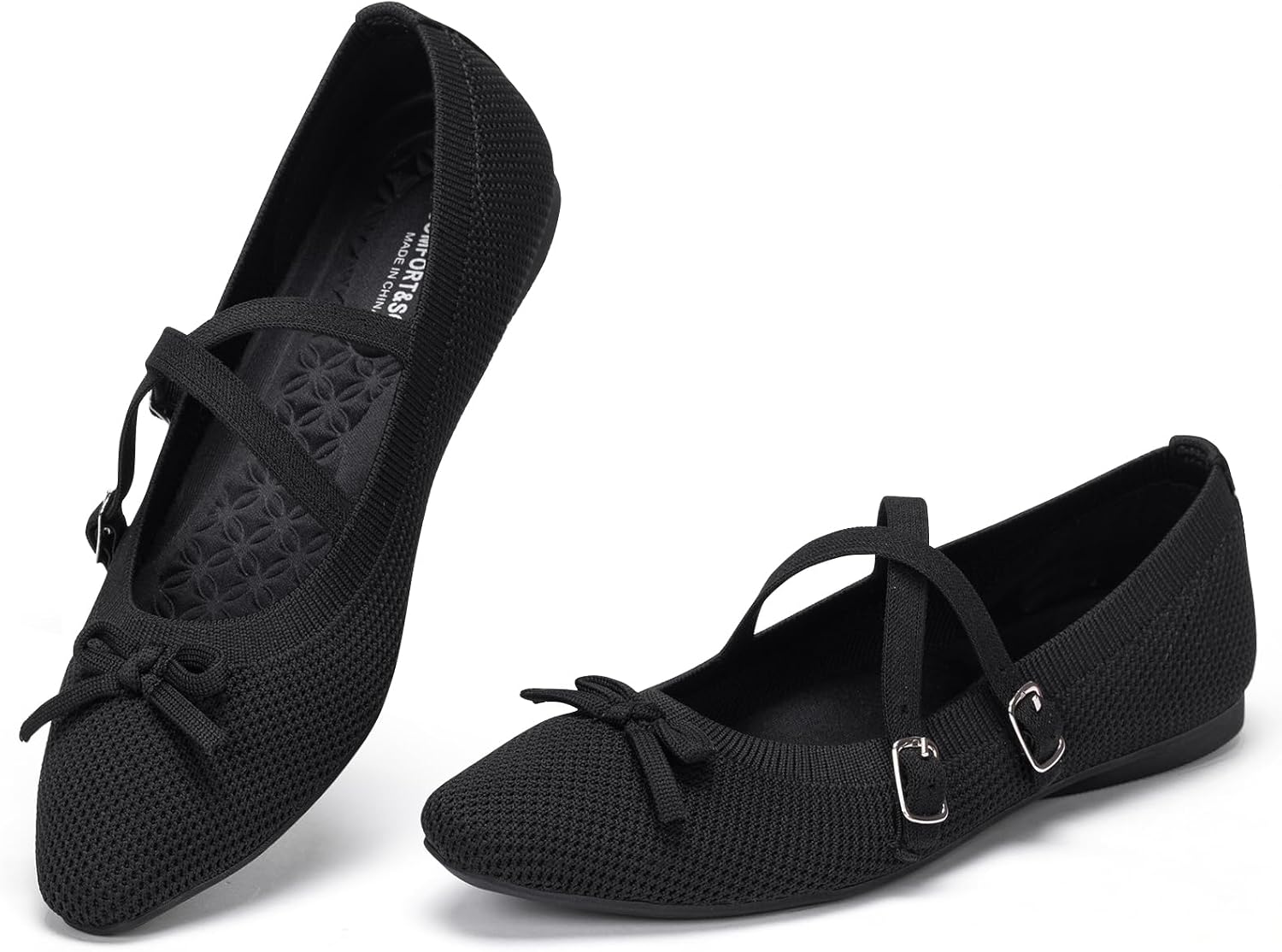 Frank Mully Women's Knit Ballet Flats with Bow Comfortable Flat Shoes Slip-On for Work Office Walking Travel