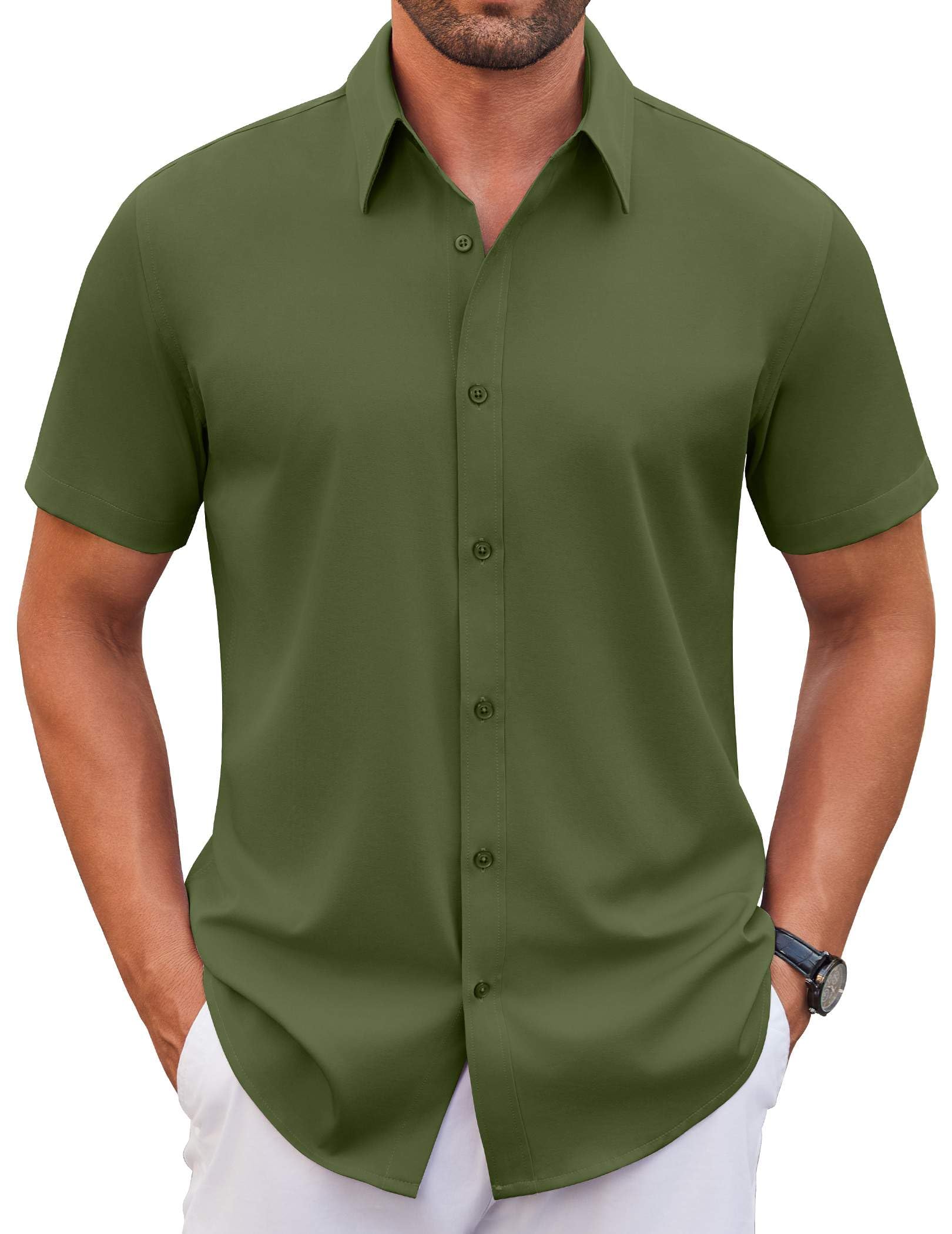 COOFANDY Men's Stretch Dress Shirts Short Sleeve Wrinkle Free Casual Button Down Shirts: Army Green X-Large