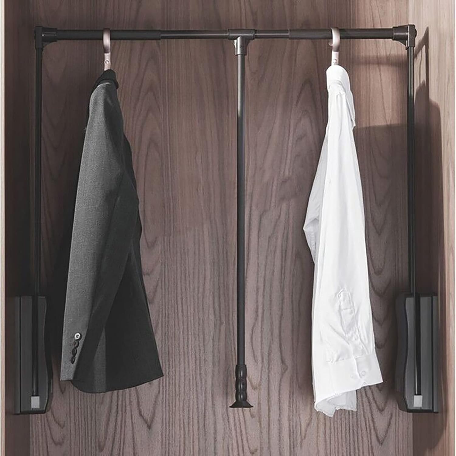 Adjustable Pull Down Wardrobe Rail Hanger - Space Saving Automatic Rebound Closet Rod (Width: 830-1150mm) - Soft Reset for Easy Use