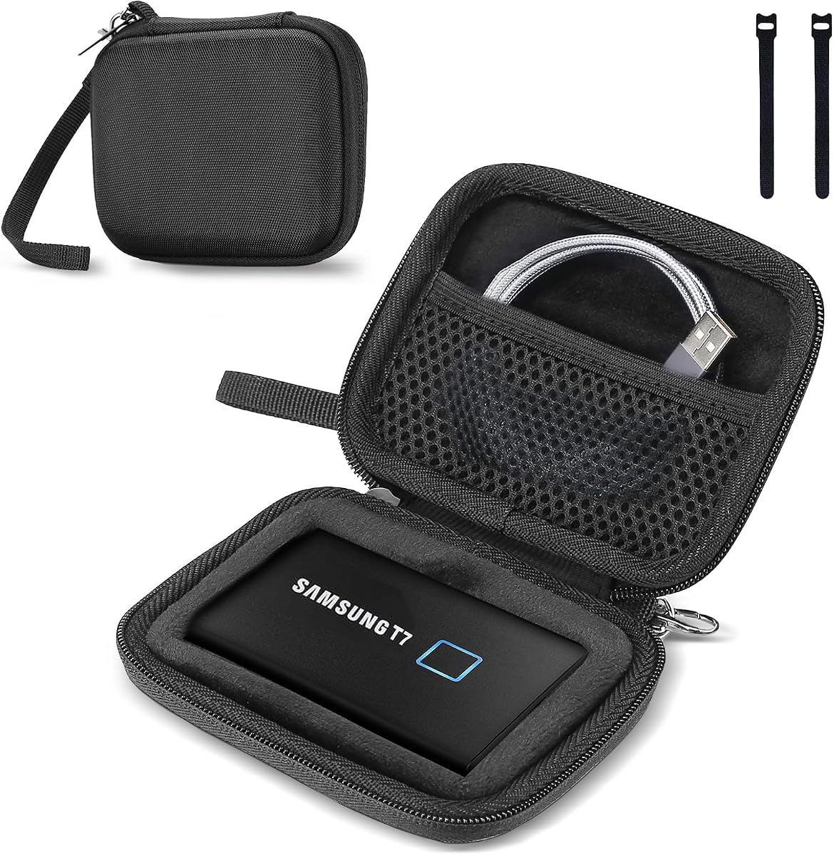 Hard Carrying Case for Samsung T7 Portable SSD -Black | Fits Samsung T7/T7 Touch SSD, 2 Cable Ties, Shockproof Travel Organizer for 500GB-4TB USB 3.2 External Solid State Drives