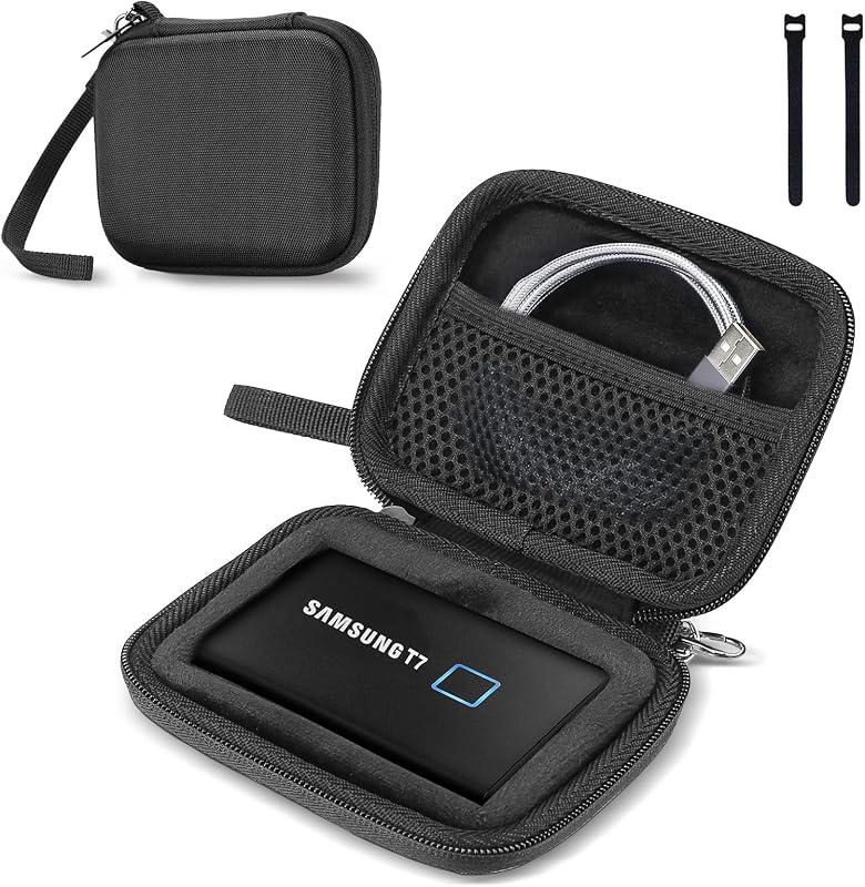 Hard Carrying Case for Samsung T7 Portable SSD -Black | Fits Samsung T7/T7 Touch SSD, 2 Cable Ties, Shockproof Travel Organizer for 500GB-4TB USB 3.2 External Solid State Drives