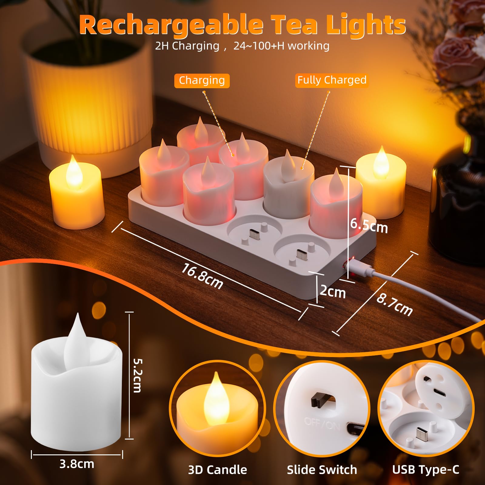 Set de 8 Velas Té LED Recargables con Estación de Carga y Mando a Distancia