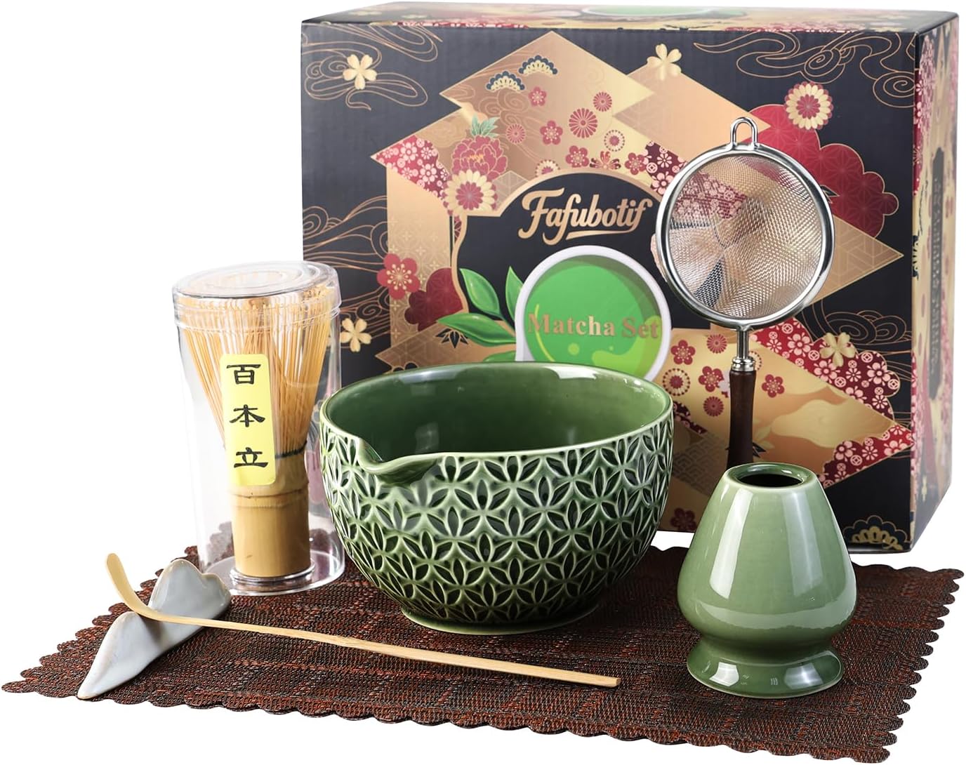 7 Pcs Matcha Whisk Set, Ceremony Matcha Kit with Matcha Bowl, Bamboo Whisk and Holder, Scoop and Scoop Rest, Sifter and Tea Towel, Gift for Matcha Lovers (Green/Bamboo Leaf-Patterned)