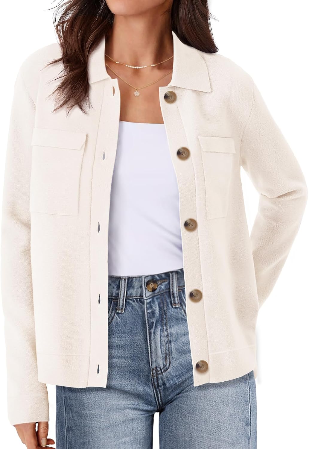 MEROKEETY Women's Long Sleeve Cardigan Sweaters Open Front Button Knit Shacket Jacket with Pockets