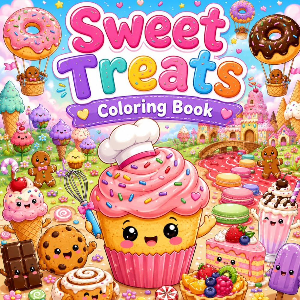 Sweet Treats Coloring Book: Cute Desserts, Cupcakes, Donuts, Ice Cream & Fun Coloring Pages for Kids Ages 2–8