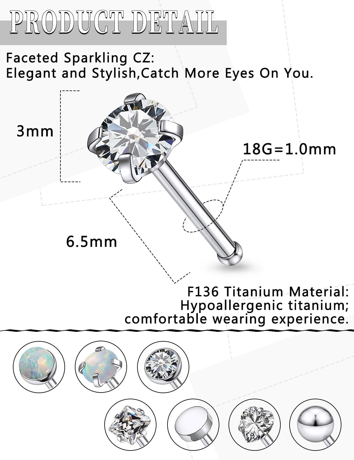 18G 20G 22G Astm F136 Titanium Nose Rings Studs Piercing Jewelry for Women Men Round Heart Square Cubic Zirconia Nose Rings Opal Nostril Ring Piercing Jewelry Top Flat Ball 3mm 8PCS - Image 3