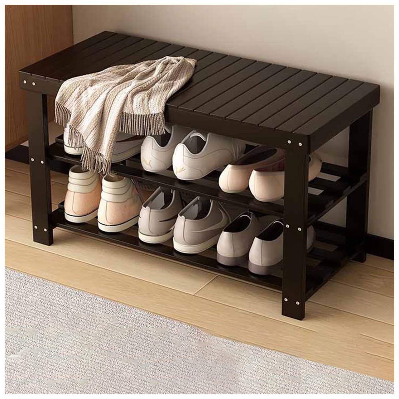 Banc d'entrée en bois massif avec rangement chaussures 2 niveaux 68cm