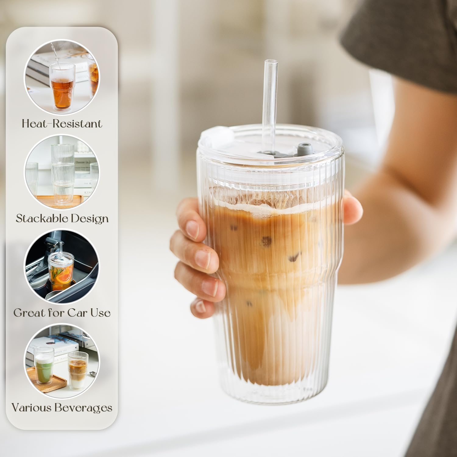 KEMORELA 16oz Ribbed Glass tumbler with Lids and Straws 2pcs,Double Wall Iced Coffee Cups with Lids,Coffee Bar Accessories, Insulated Borosilicate Glass Tumblers, To Go Coffee Cups, Spill proof - Image 3