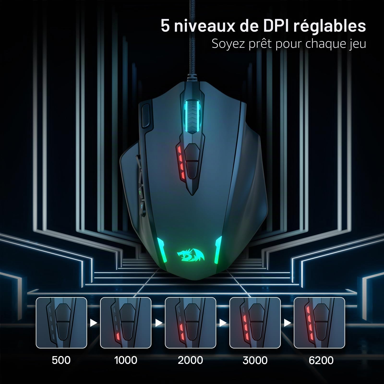 Redragon M908 Impact RGB LED Souris MMO avec Boutons latéraux, Souris de Jeu Optique Filaire avec 12 400 DPI, Haute précision, 20 Boutons de Souris programmables