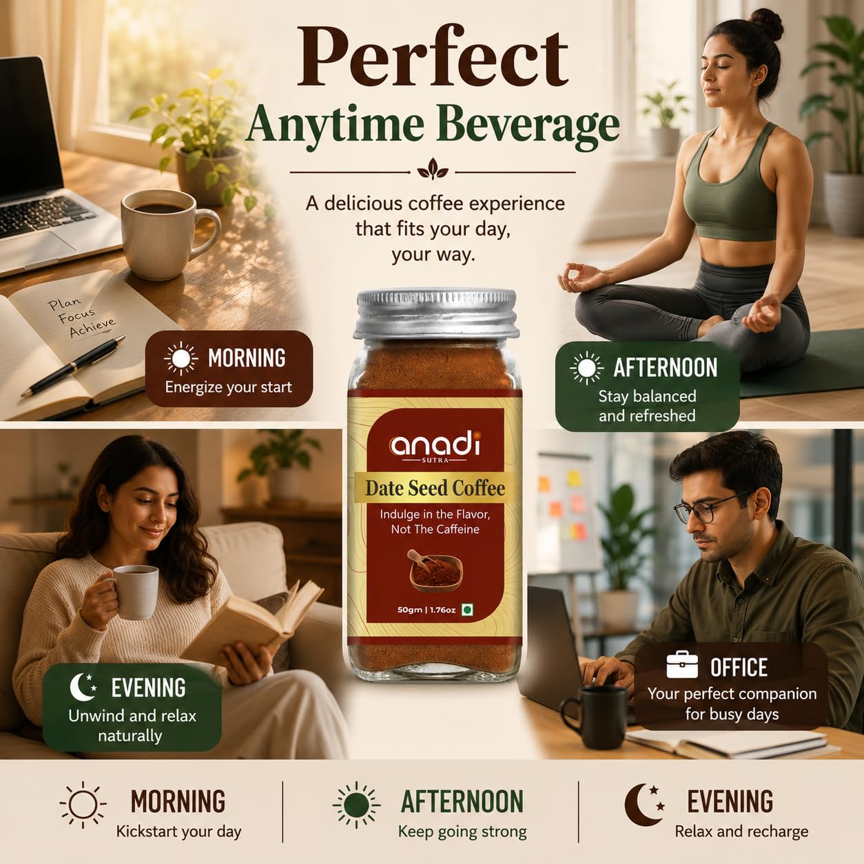 Anadi Sutra Dates Seed Instant Coffee Powder 50g | Caffeine-Free Coffee Substitute with Date Seed & Chicory | Rich Roasted Flavor | Healthy Daily Drink | No Additives 3