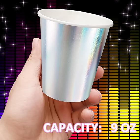 30 Pcs Disco Party Cups Iridescent Paper Cups Color Changing Rainbow Silver Mermaid Unicorn Themed Birthday Party Supplies 9OZ