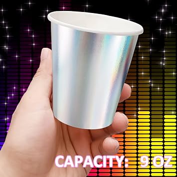 30 Pcs Disco Party Cups Iridescent Paper Cups Color Changing Rainbow Silver Mermaid Unicorn Themed Birthday Party Supplies 9OZ