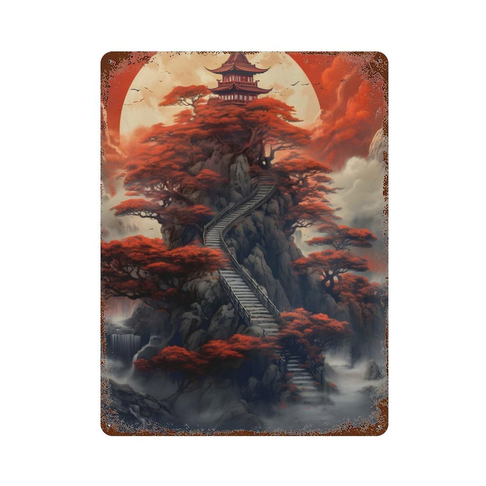 Rust Effect Fantasy Moonlight Japan 08 Rusty Metal Tin Sign 15.7"x11.8", Old School Wall Decor for Pub, Kitchen And Man Cave Decor