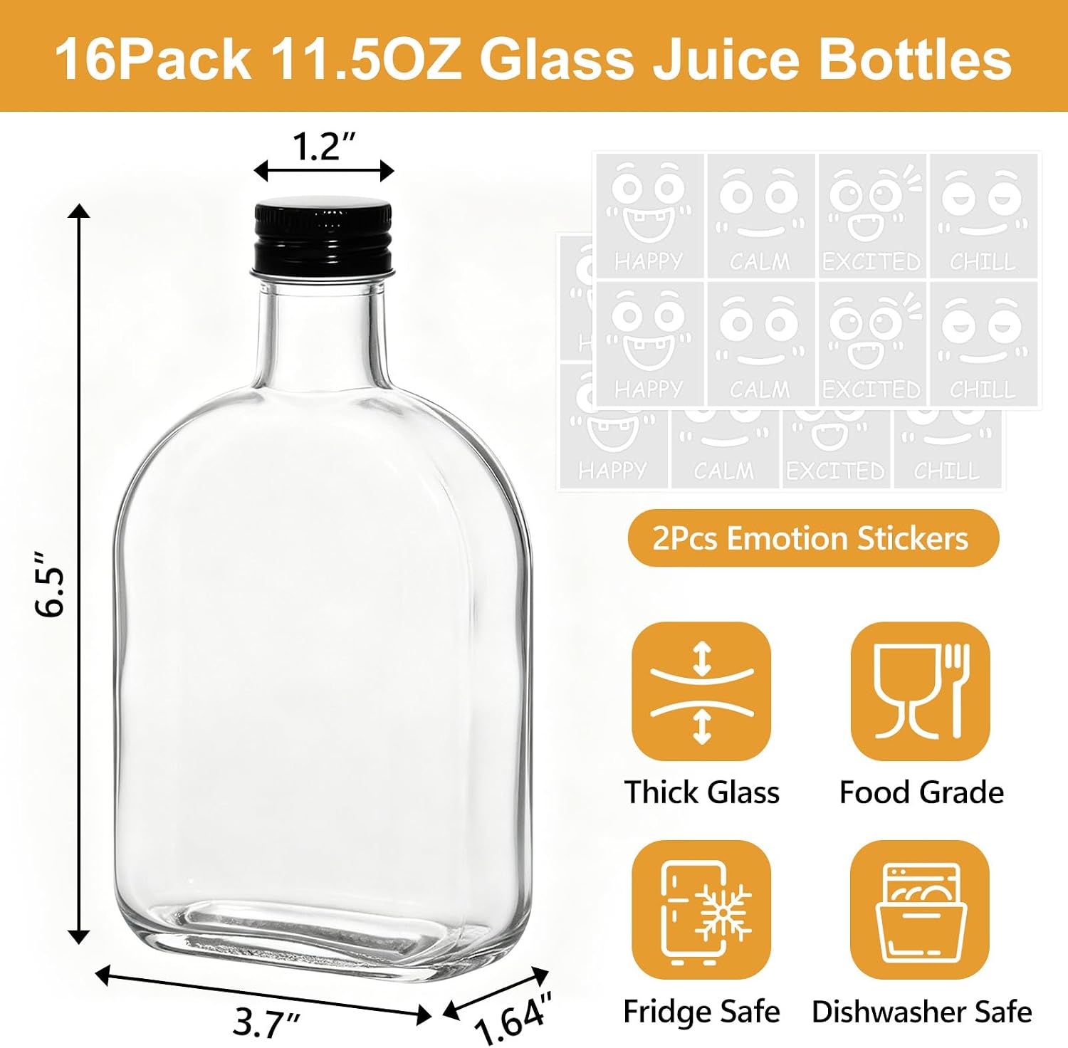 16 Pack 11.5oz Glass Juice Bottles with Lids, Reusable Juicing Bottles Glass Drinking Containers with Emotion Stickers, Glass Bottles for Juicing, Smoothies, Milk, Coffee and Kombucha