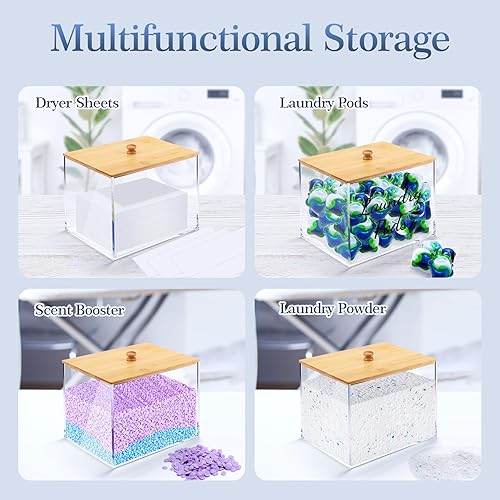 Miniatura 7 de JYPS Contenedor de cápsulas de lavandería para organización de lavandería, caja acrílica con tapa de bambú para lavandería, baño, habitación, decer,