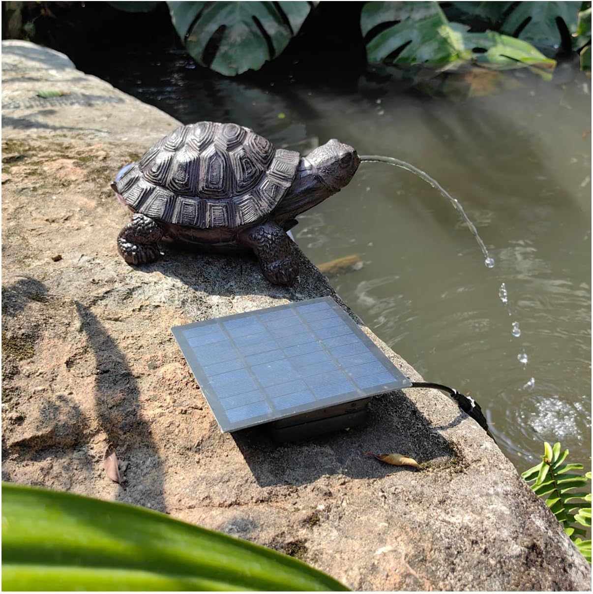 Brown Resin Spitter Statue with Solar Water Fountain,Solar Powered Garden Turtle…