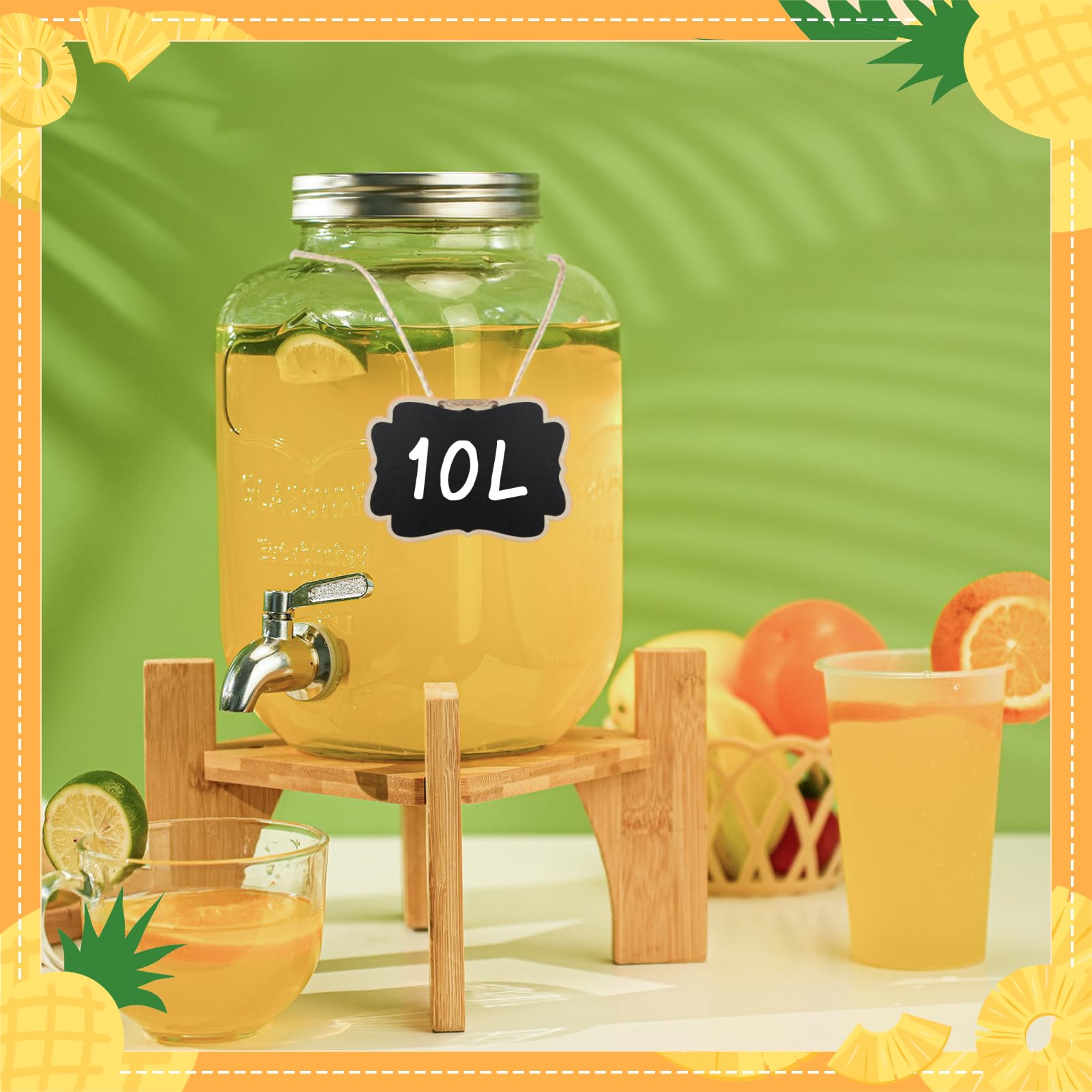 2 dispensadores de bebidas de 10 l con soporte y tapa, dispensador de limonada con grifo de vidrio de borasilicato resistente al calor con grifo inoxidable para jardín, buffet, fiestas y cocina, bodas