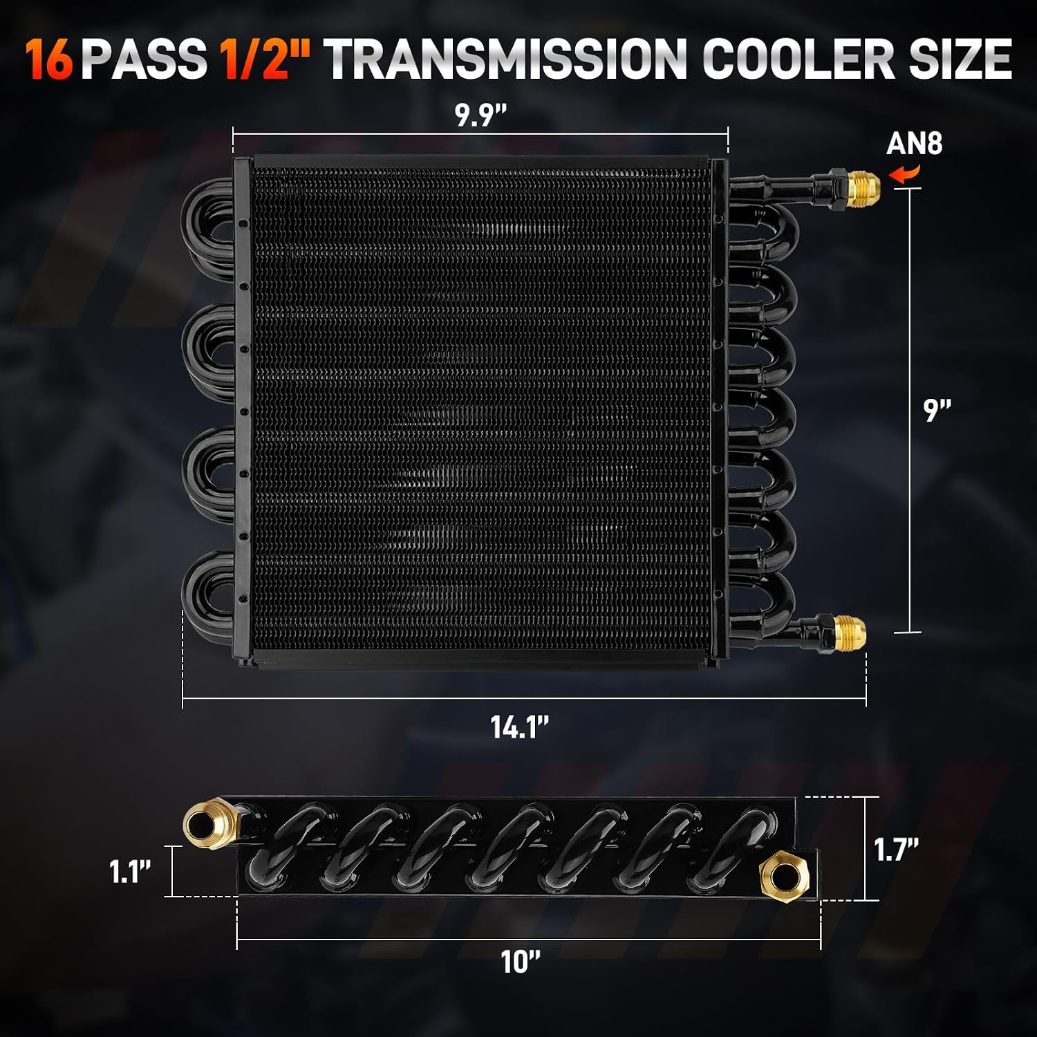 Upgrade 16 Pass Aluminium Transmission Oil Cooler, Air Compressor Aftercooler 1/2" Universal 16 Rows 8AN Tube Fin Cooler Kit, Black