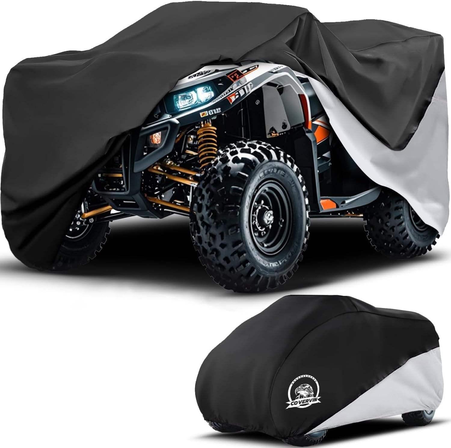 COVERVIN ATV Cover, Waterproof Oxford Fabric Protective 4 Wheeler Quad Cover for 86" Kawasaki Honda Polaris Yamaha (Black&Silver)