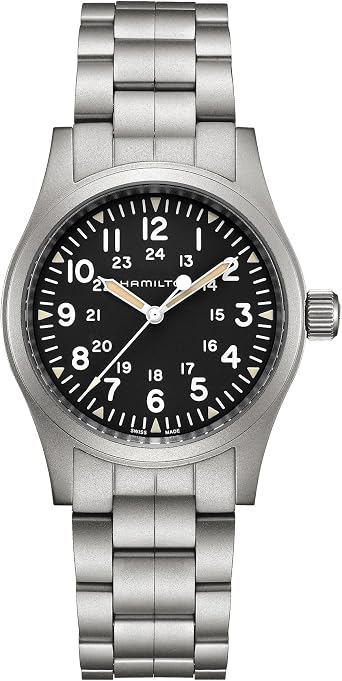 Hamilton Khaki Field Mechanical Mens Watch, 38mm Stainless Steel Case, Swiss Made, Black Dial Analog Wrist Watch for Men, 50m Waterproof, Sapphire Crystal, Stainless Steel Strap