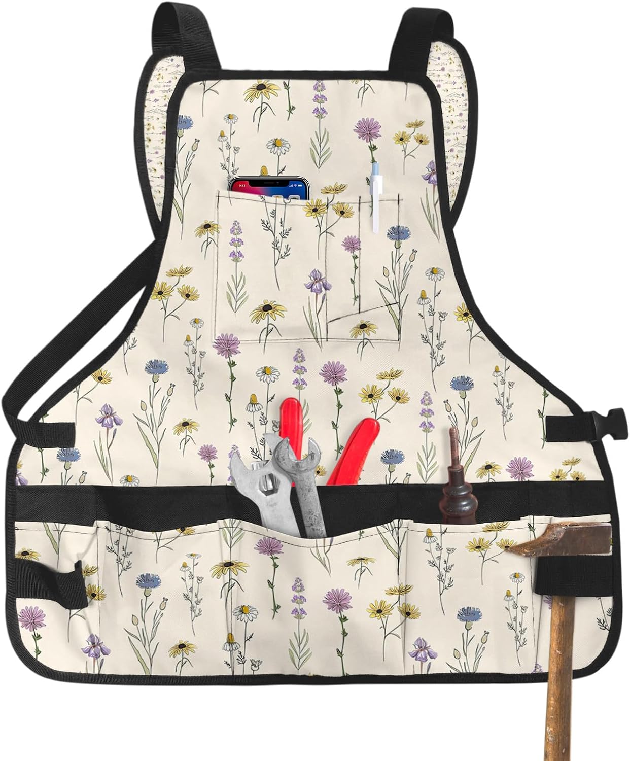 Work Apron for Men Adjustable Woodworking Apron 16 Pockets Oxford Apron Watercolor Floral Leaves Plant Texture Tool Apron