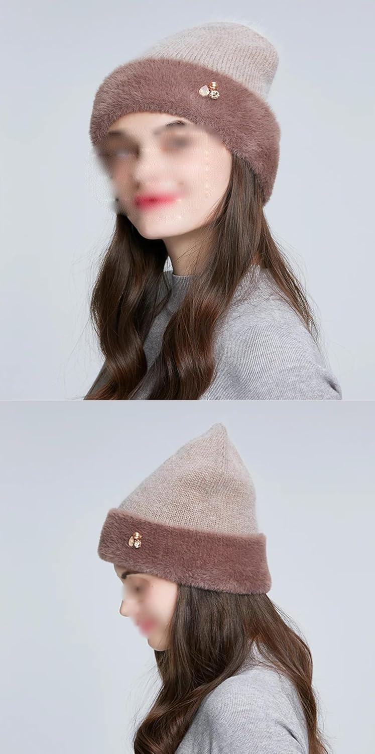 Women's Winter Thick Warm Cuff Beanie Hat Female Fashion Solid Color Casual Knit Wool Hats with Rhinestones for Cold Weather