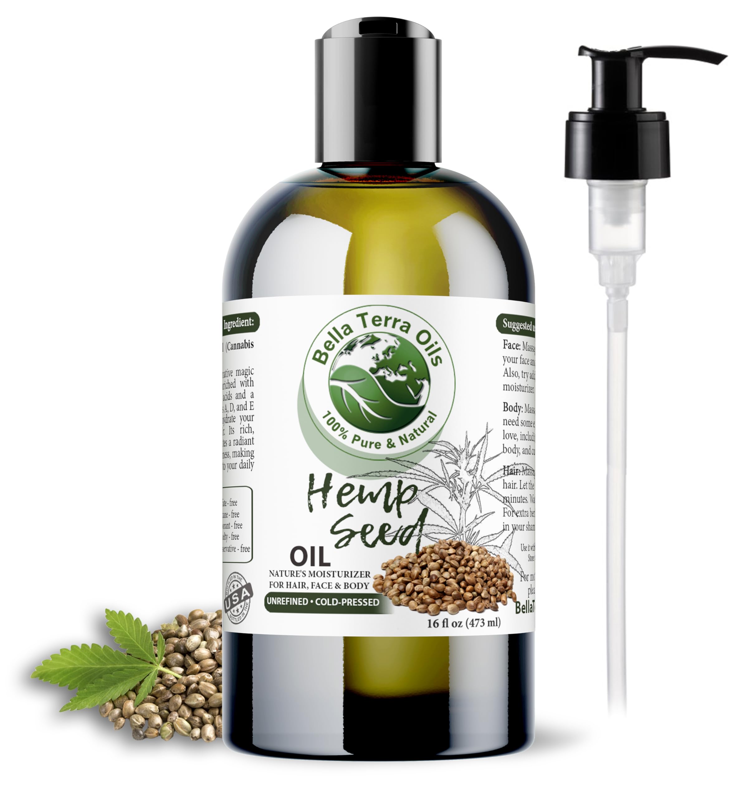 Bella Terra Oils - Hemp Seed Oil 16oz - A Confluence of Iron, Sodium, Phosphorus & Essential Fatty Acids, The True Epitome of Natural Beauty Oils