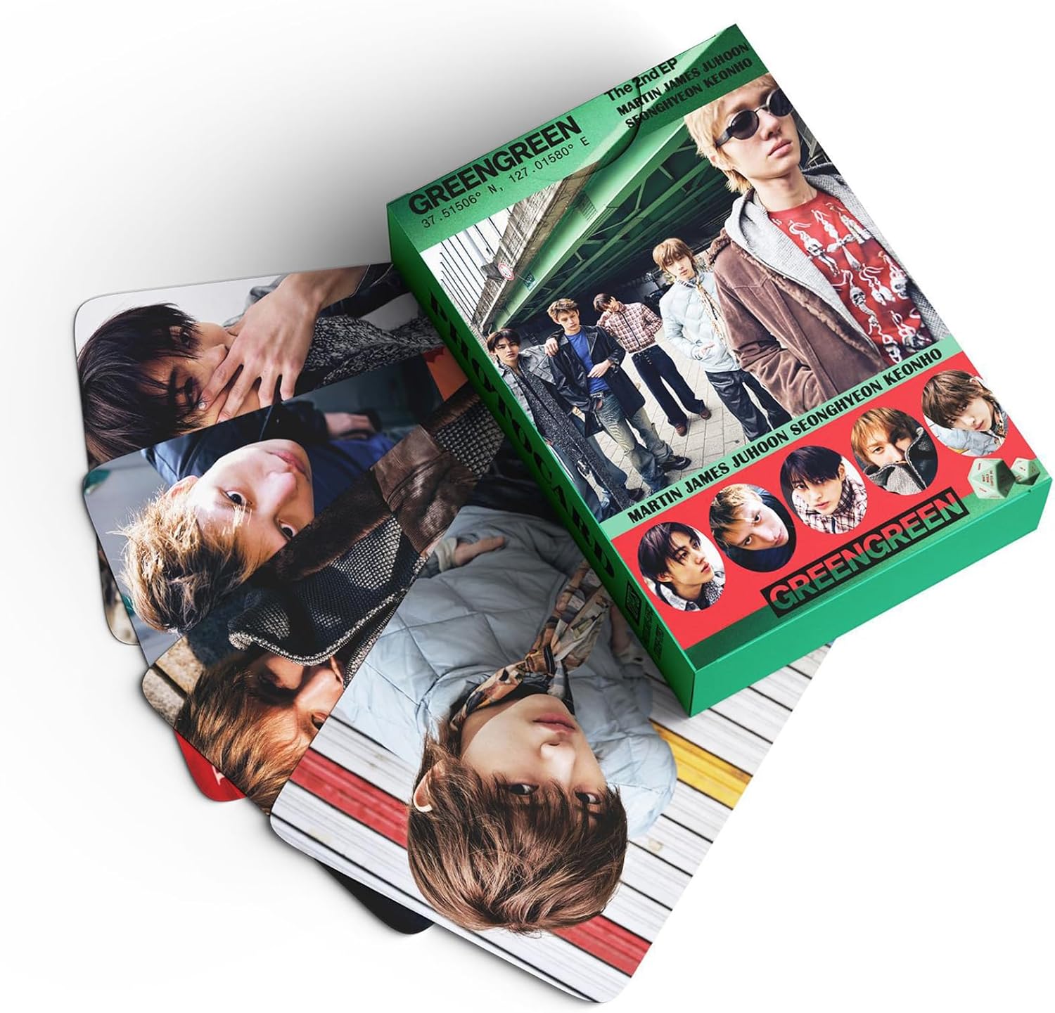 127pcs KPOP Photocards GREENGREEN Photo Cards 55pcs Photocards and 72pcs Mini Stickers REDRED Album Lomo Gift for Fans 2026 Greetings Cards MARTIN JAMES JUHOON SEONGHYEON KEONHO Merch (GREENGREEN)