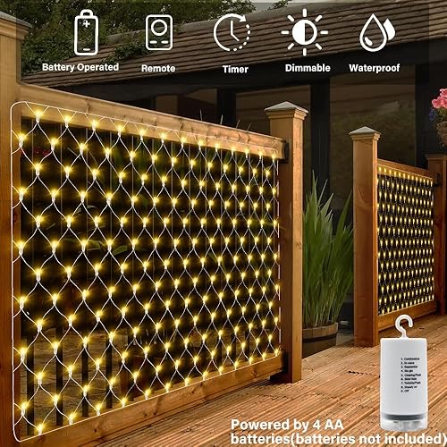 Miniatura 5 de Red de luz de Navidad para exteriores, 100 luces LED de malla de 5 x 5 pies, funciona con pilas, cadena de luces de Navidad conectable, impermeable,