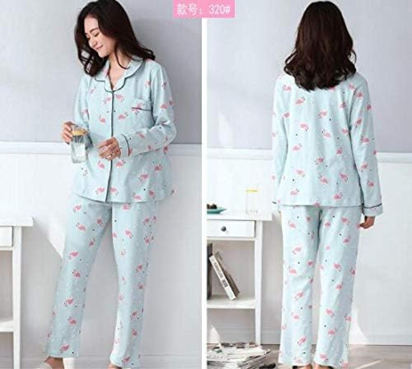 Pijamas De Algodón Para Mujer, Ropa De Dormir Estampada De Manga Larga, Conjunto De Pijama De Otoño E Invierno,Azul,SG