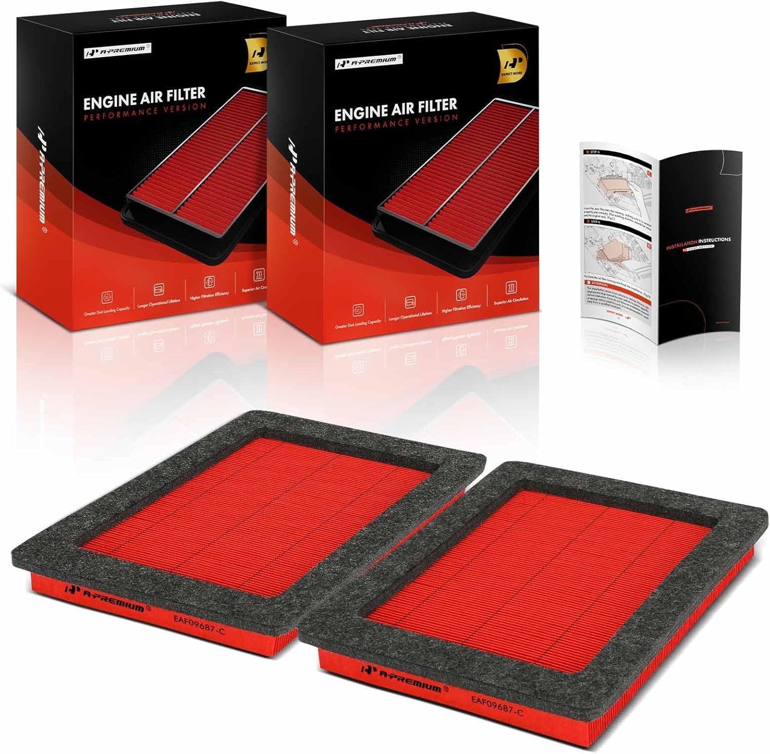 A-Premium 2-PC Pre-oiled Engine Air Filter Compatible with Ford F-150 04-08, F-250 Super Duty F-350 Super Duty 05-07, Expedition 05-06 & Lincoln Navigator 05-06, Mark LT 06-08, 5.4L