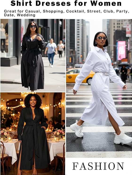 Choichic Shirt Dresses for Women Side Slit Long Sleeve Button Down Dress
