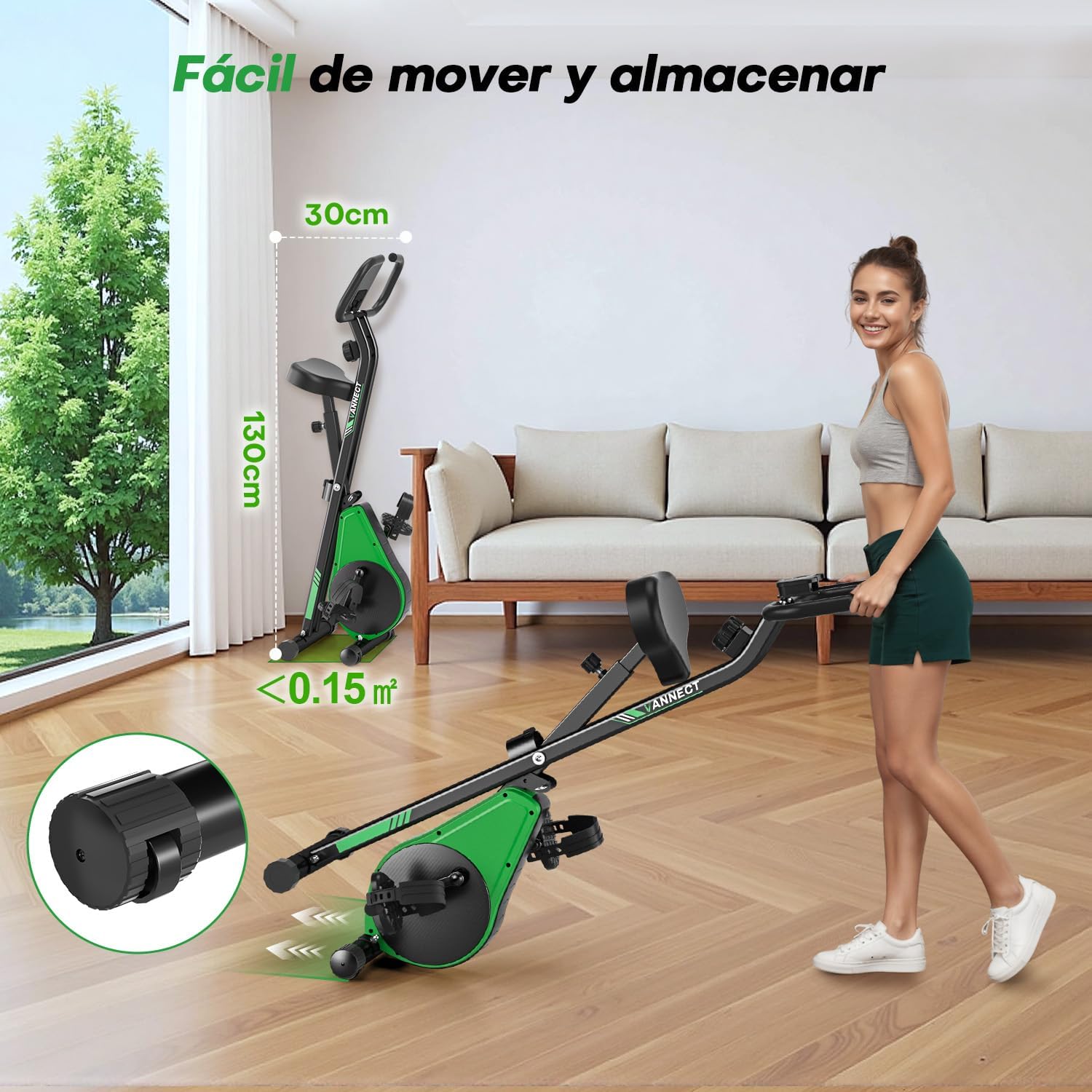 Foldable exercise bike being moved for storage